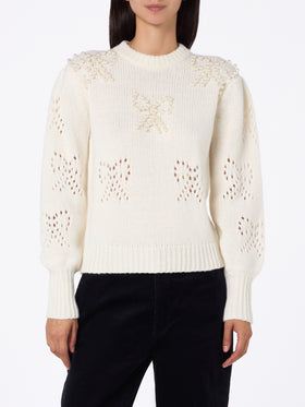 Woman white sweater Bloom with pearl-like beads - MC2 Saint Barth