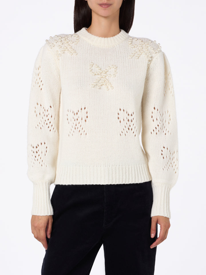 Woman white sweater Bloom with pearl-like beads - MC2 Saint Barth