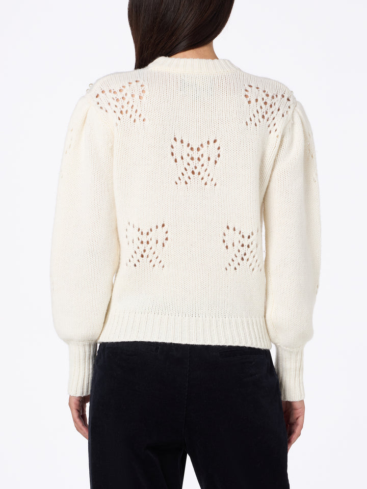 Woman white sweater Bloom with pearl-like beads - MC2 Saint Barth