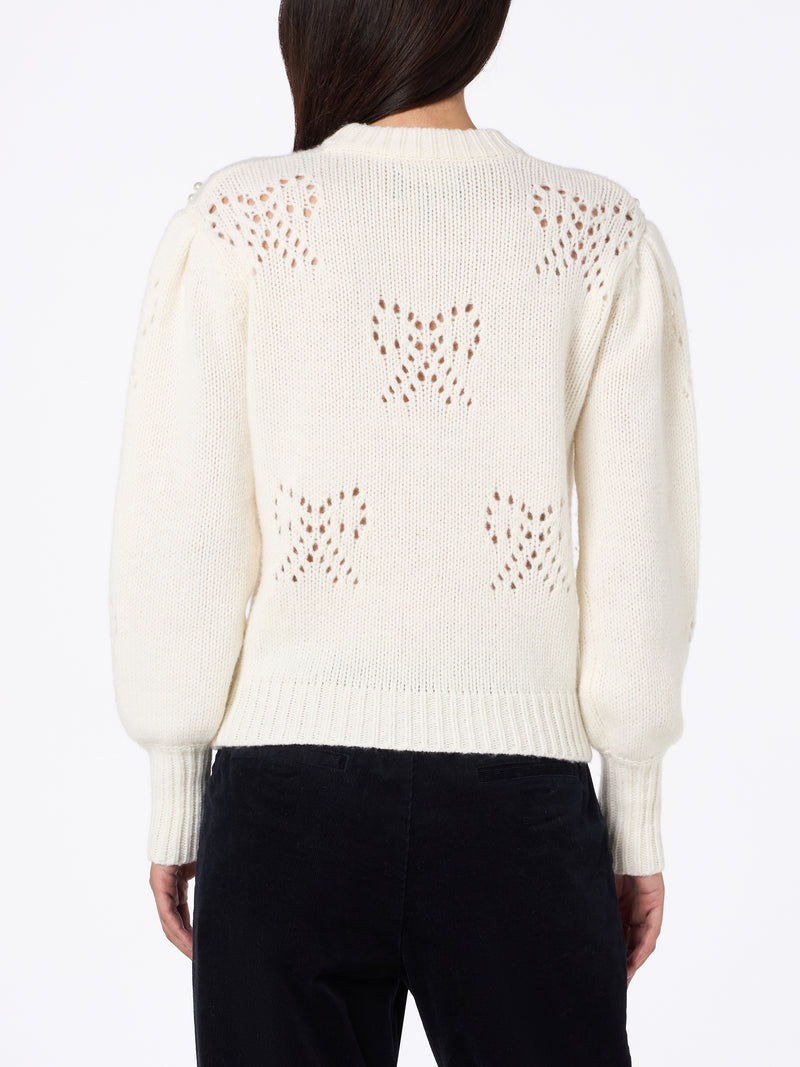 Woman white sweater Bloom with pearl-like beads