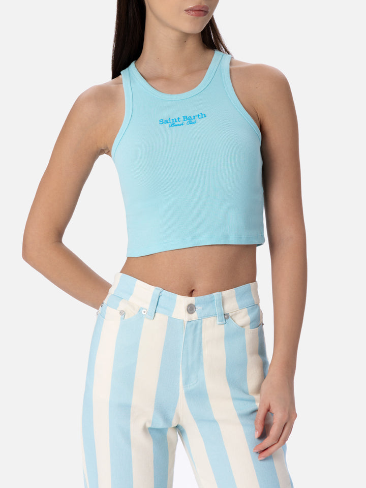 Woman rib-knit cotton crop tank with Saint Barth Beach Club embroidery - MC2 Saint Barth
