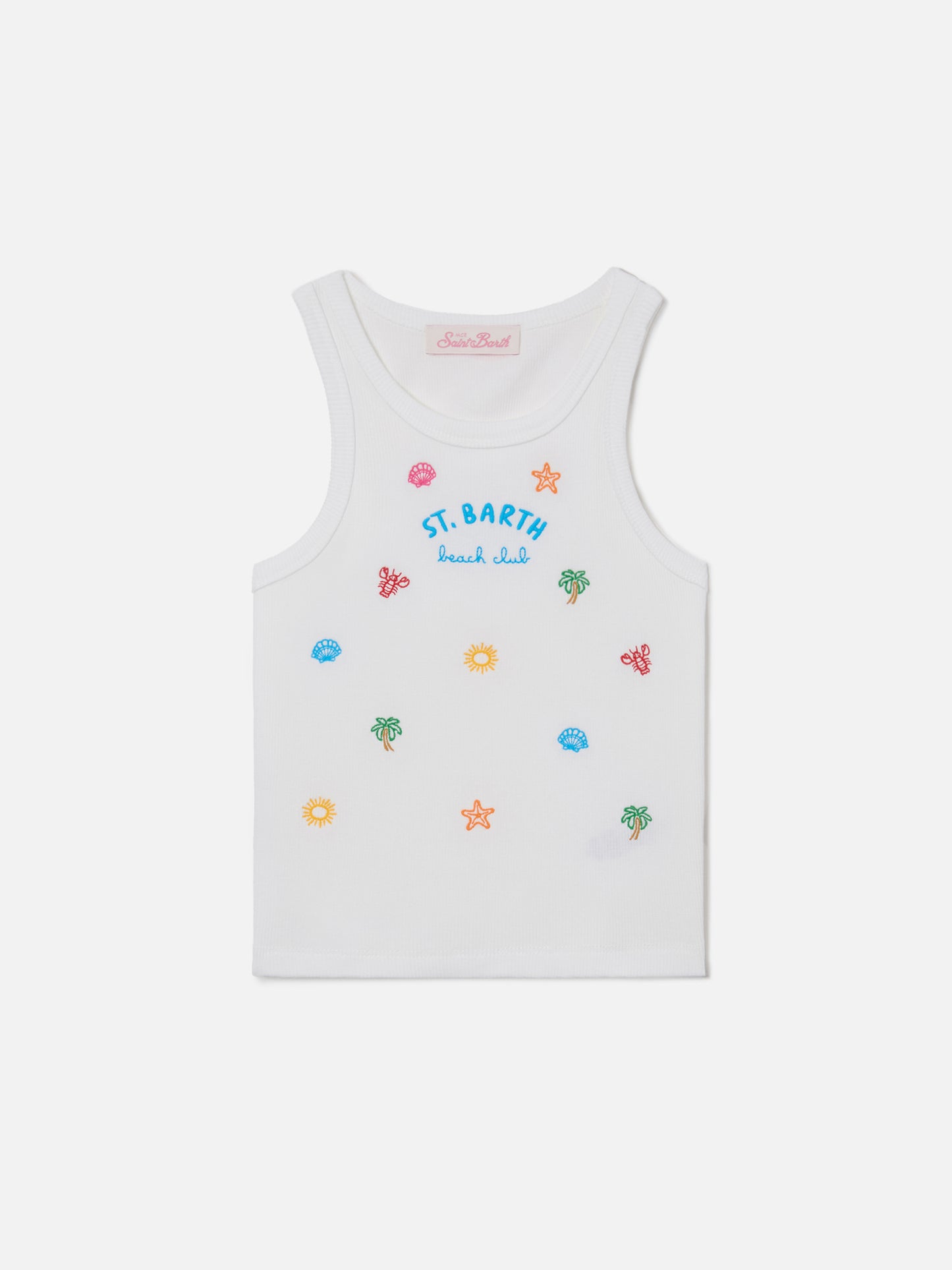 Blue Jr Tank-Top aus weißer Stretch-Baumwolle mit mehrfarbiger Stickerei 
