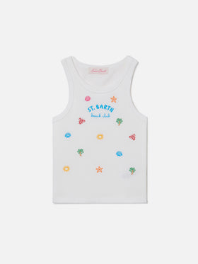 Blue Jr Tank-Top aus weißer Stretch-Baumwolle mit mehrfarbiger Stickerei 