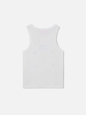 Blue Jr Tank-Top aus weißer Stretch-Baumwolle mit mehrfarbiger Stickerei 