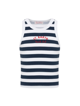 Blue Jr navy blue striped rib-knit cotton crop tank with embroidery - MC2 Saint Barth