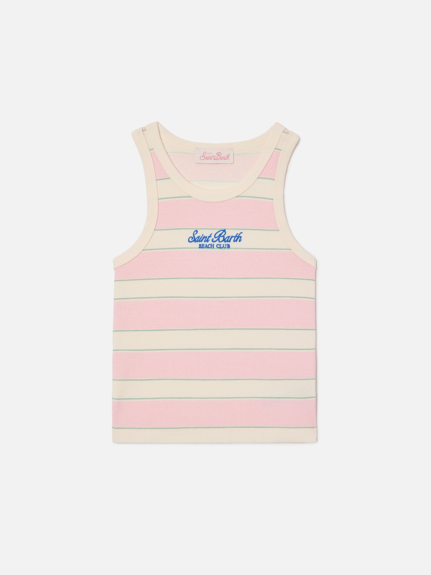 Top Blue Jr a righe rosa, bianche e verdi con logo ricamato