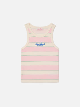 Top Blue Jr a righe rosa, bianche e verdi con logo ricamato