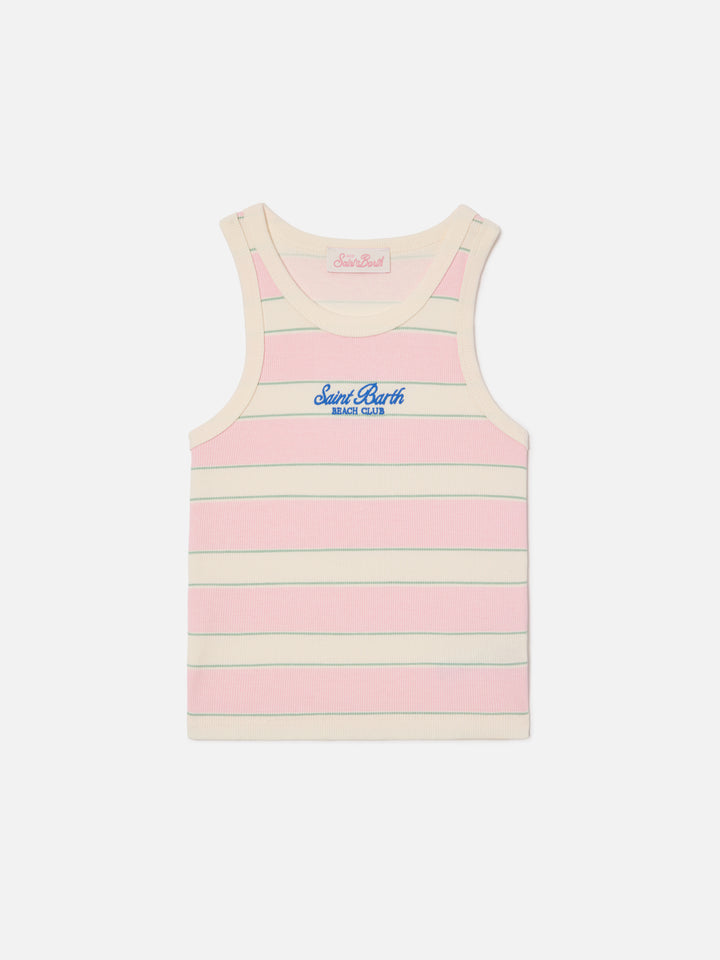 Blue Jr Tank-Top with pink, white and green stripes and embroidered logo