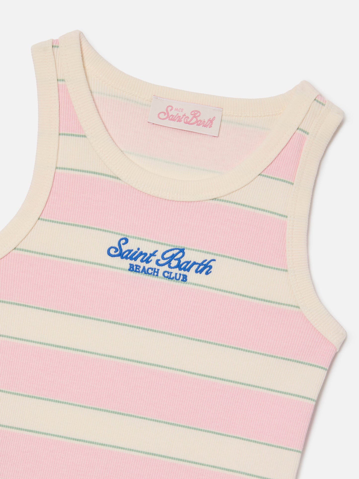 Top Blue Jr a righe rosa, bianche e verdi con logo ricamato