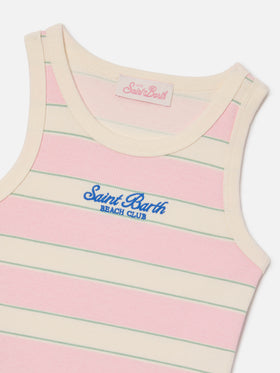 Top Blue Jr a righe rosa, bianche e verdi con logo ricamato