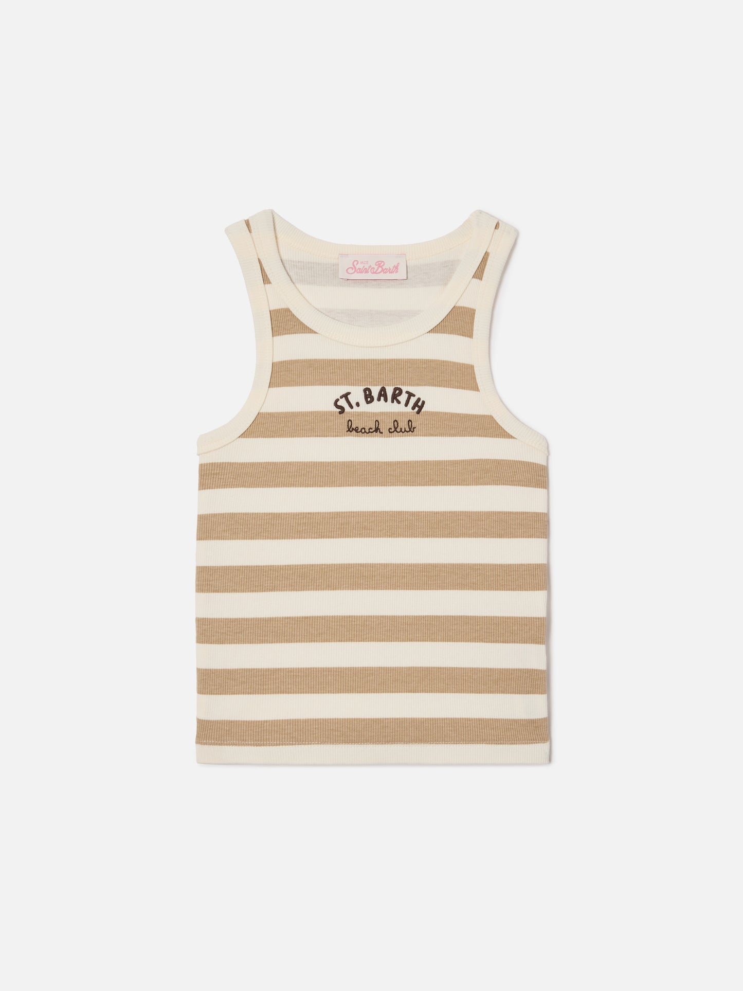 Top Blue Jr a righe beige e bianche con logo ricamato