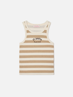 Top Blue Jr a righe beige e bianche con logo ricamato