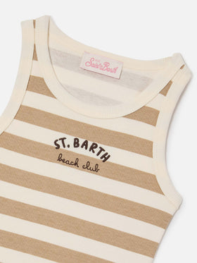 Top Blue Jr a righe beige e bianche con logo ricamato