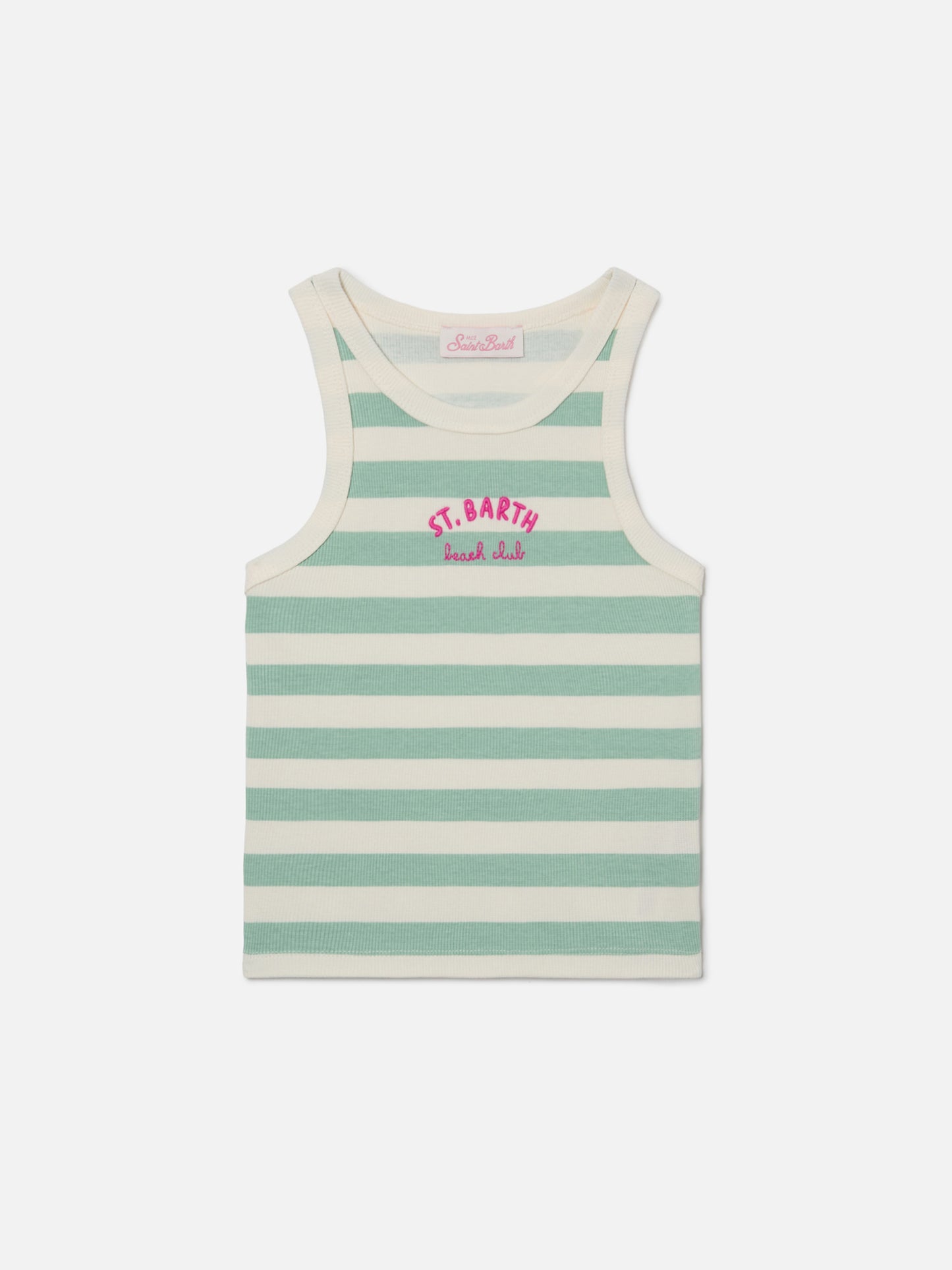 Blue Jr Tank-Top with green and white stripes and embroidered logo