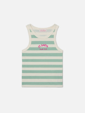 Blue Jr Tank-Top with green and white stripes and embroidered logo
