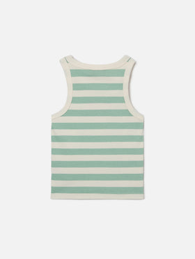 Blue Jr Tank-Top with green and white stripes and embroidered logo