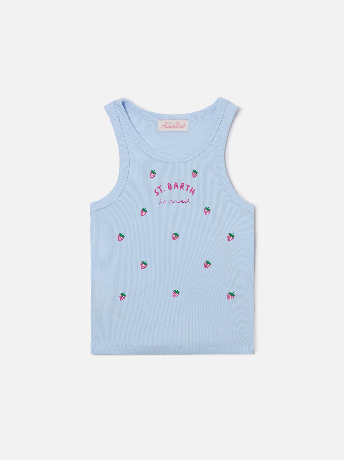 Blue Jr Tank-Top in light blue with St. Barth is sweet embroidery and strawberries