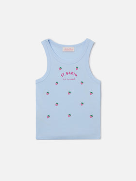 Blue Jr Tank-Top in light blue with St. Barth is sweet embroidery and strawberries