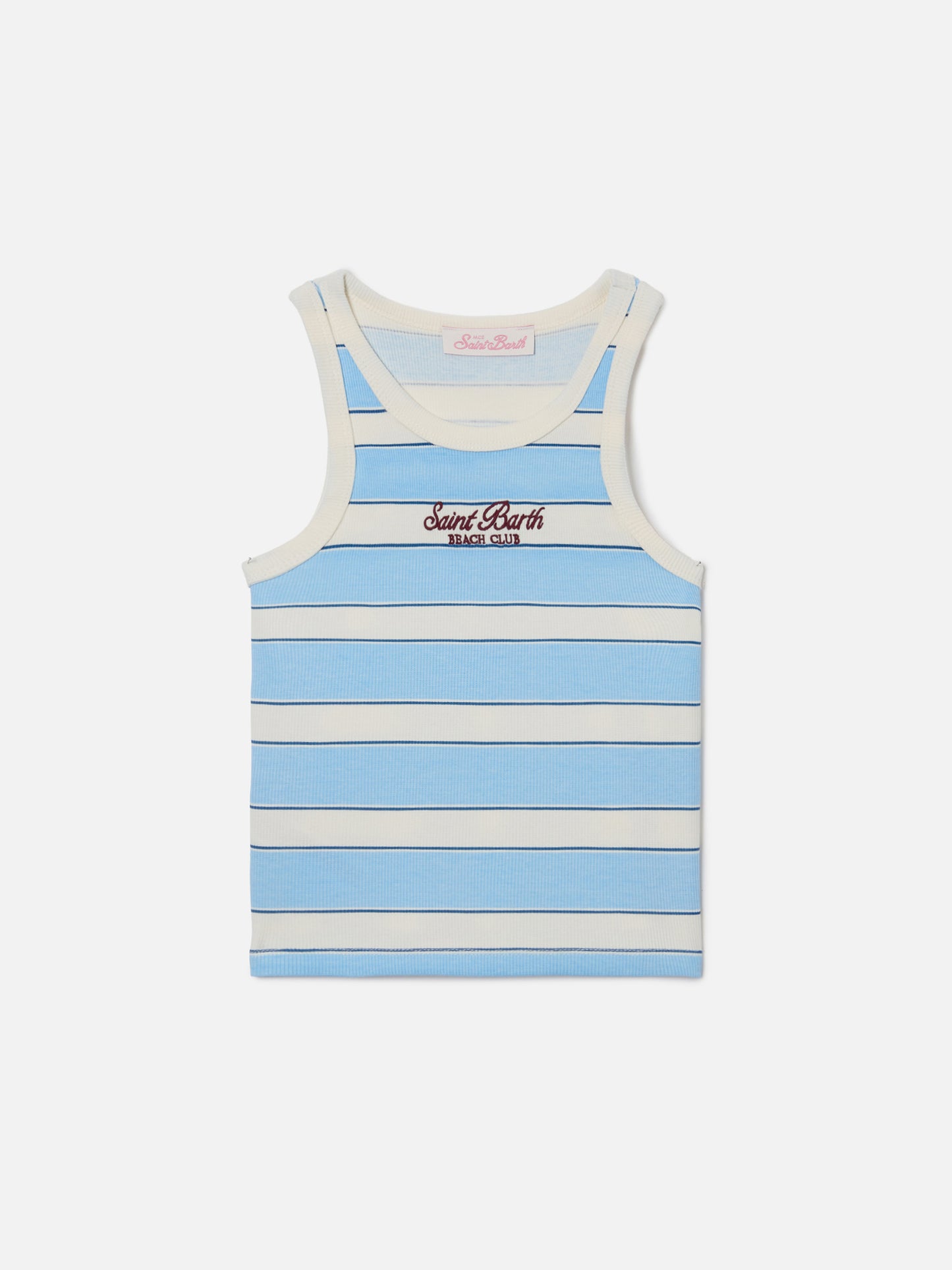 Top Blue Jr a righe azzurre e panna con logo ricamato