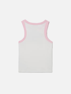 Top Blue Jr bianco con logo ricamato e profili rosa