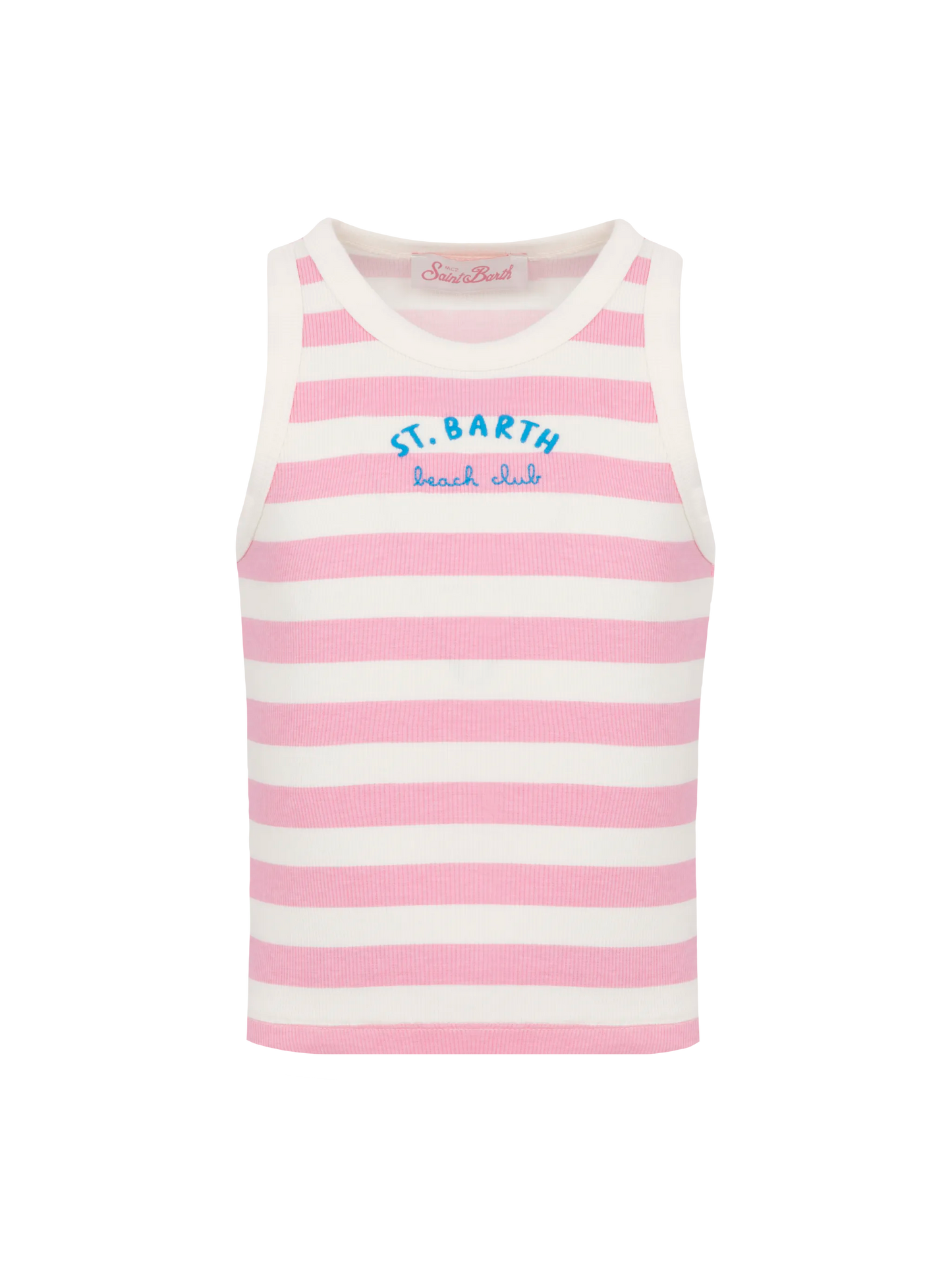 Blue Jr pink striped rib-knit cotton crop tank with embroidery - MC2 Saint Barth