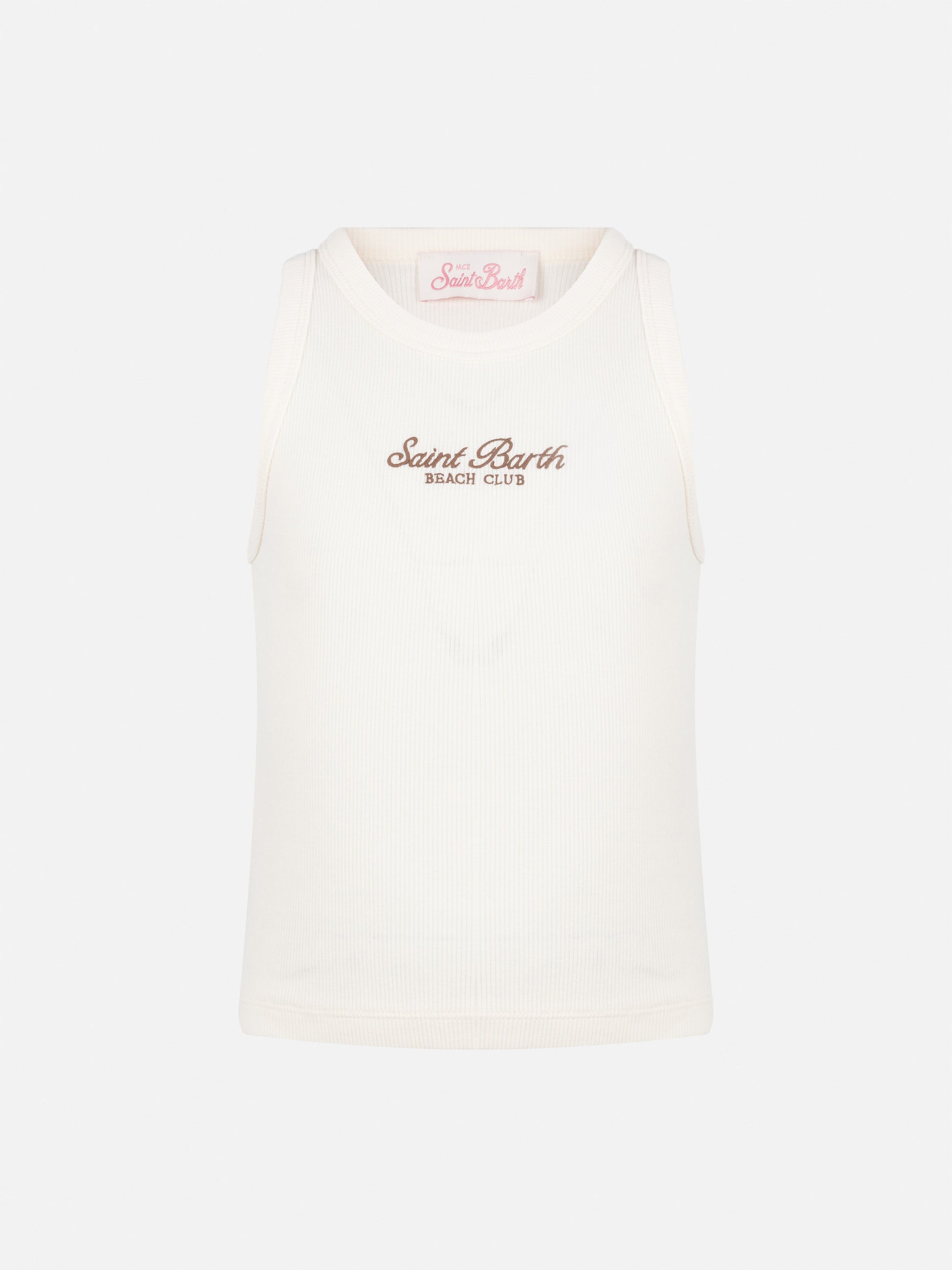 Blue Jr off-white rib-knit cotton crop tank with embroidery - MC2 Saint Barth