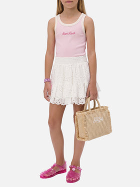 Top Blue Jr rosa con logo ricamato e profili panna