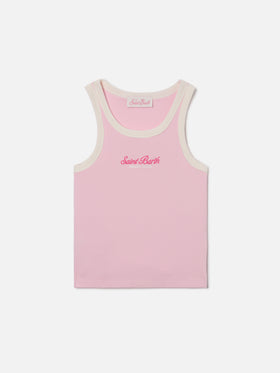 Top Blue Jr rosa con logo ricamato e profili panna