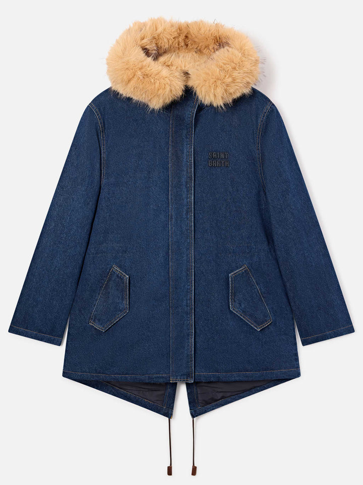 Blue Parka Brenna en denim de coton avec capuche en fausse fourrure 