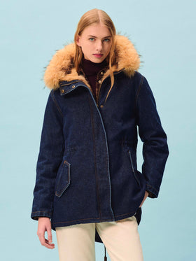 Blue Brenna Parka aus Baumwoll-Denim mit Kapuze aus Kunstpelz 