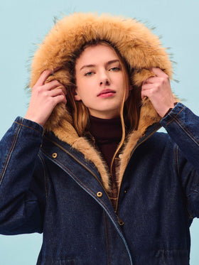 Blue Brenna Parka aus Baumwoll-Denim mit Kapuze aus Kunstpelz 