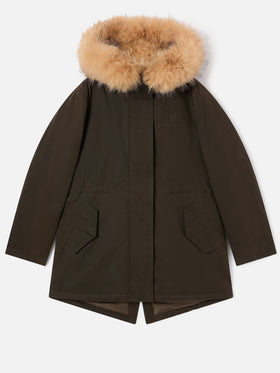 Parka cirée Brenna vert militaire avec capuche en fausse fourrure 