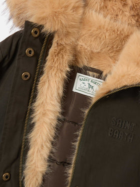 Parka cirée Brenna vert militaire avec capuche en fausse fourrure 