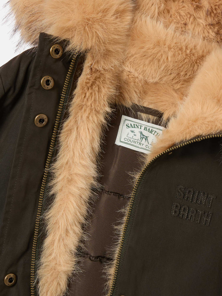 Parka Brenna verde militare in tessuto cerato con cappuccio in effetto pelliccia