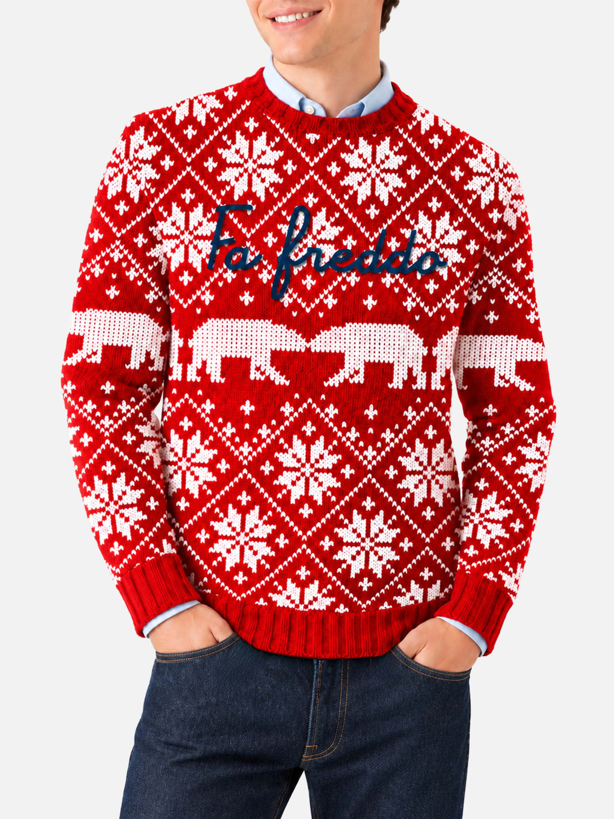 Maglia girocollo Bombardino rossa con lettering Fa Freddo