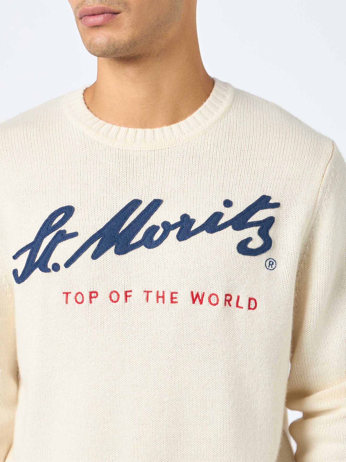 Man white sweater Bombardino with St. Moritz Top of the World print | ST. MORITZ TOP OF THE WORLD SPECIAL EDITION