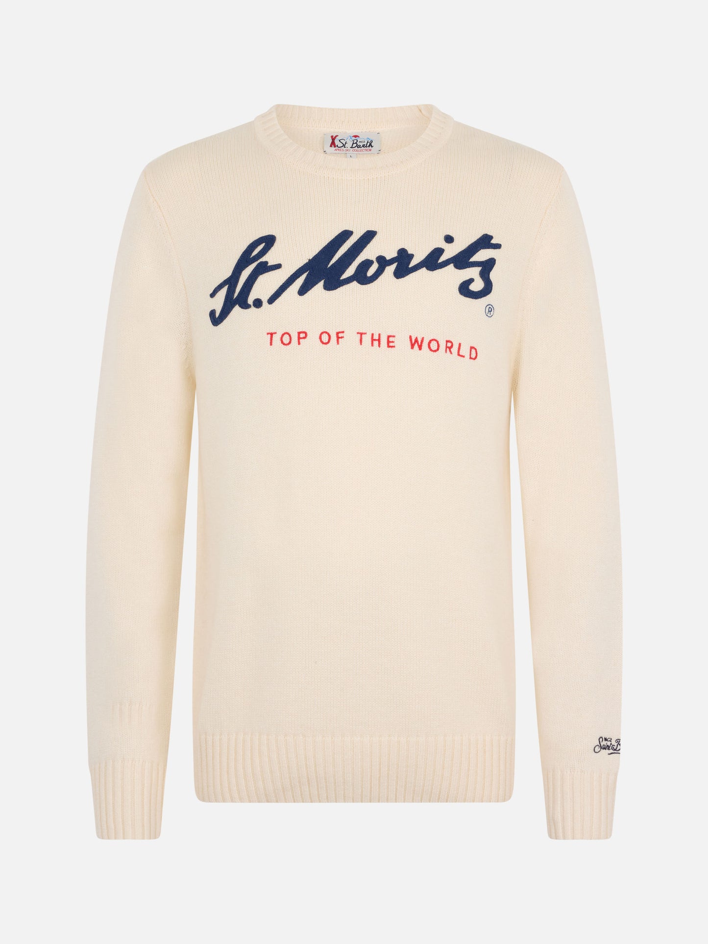 Man white sweater Bombardino with St. Moritz Top of the World print | ST. MORITZ TOP OF THE WORLD SPECIAL EDITION