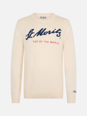 Man white sweater Bombardino with St. Moritz Top of the World print | ST. MORITZ TOP OF THE WORLD SPECIAL EDITION