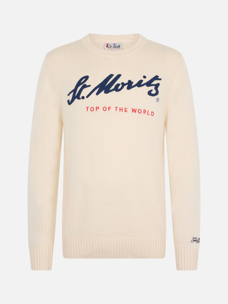 Maglione bianco da uomo Bombardino con stampa St. Moritz Top of the World | ST. MORITZ TOP OF THE WORLD SPECIAL EDITION