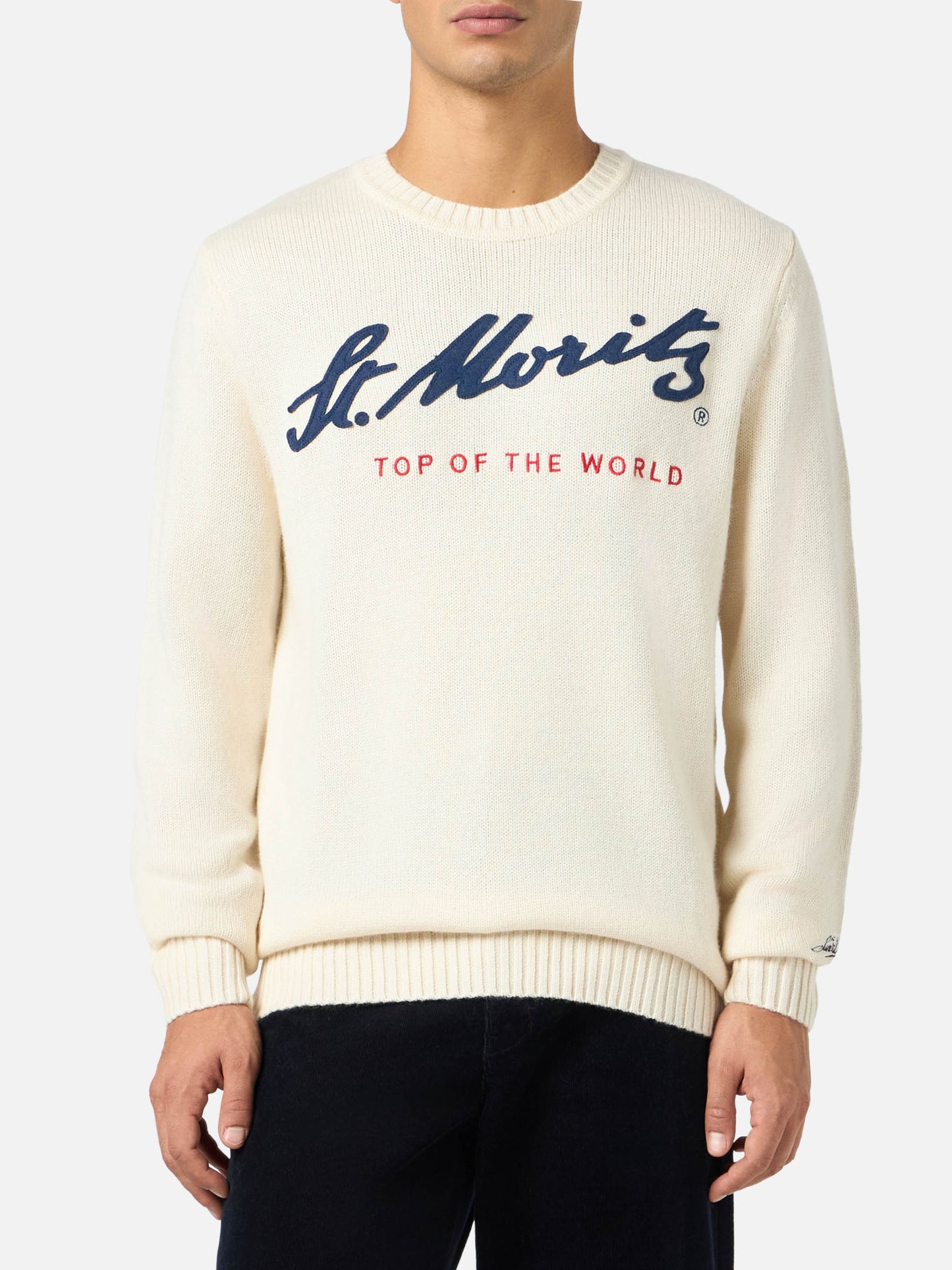 Weißer Herrenpullover Bombardino mit St. Moritz Top of the World-Aufdruck | ST. MORITZ TOP OF THE WORLD SPECIAL EDITION