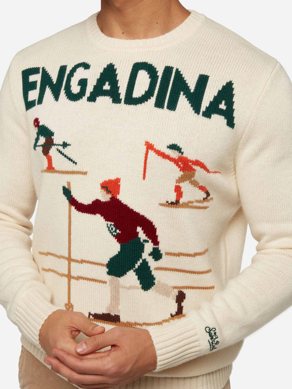 White sweater Bombardino Light with Engadina skiers jacquard