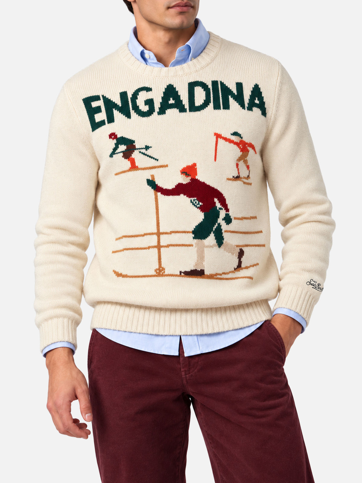 Maglione Bombardino Light bianco panna con jacquard sciatori Engadina