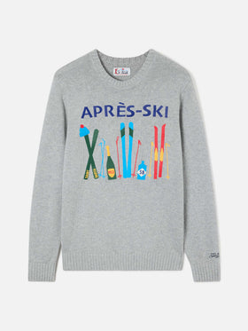 Grauer Bombardino leichter Rundhals-Strickpullover mit Après Ski Intarsie und Stickerei 