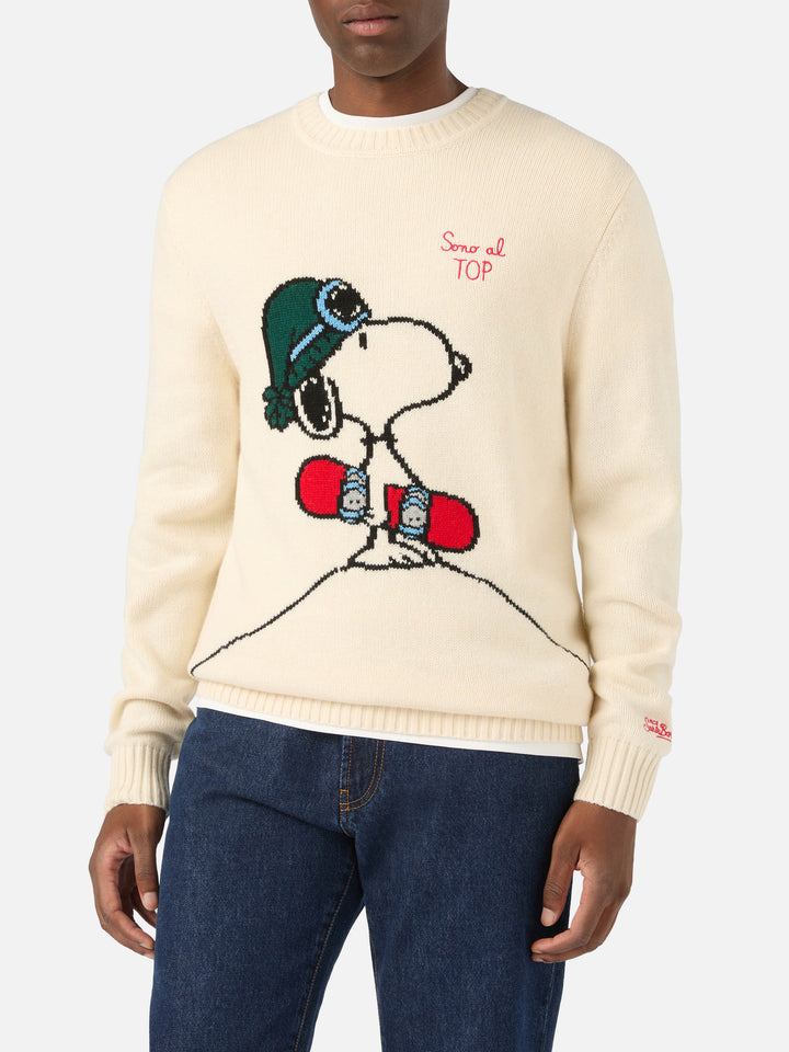 Cremefarbener Bombardino leichter Rundhals-Strickpullover mit Snoopy-Intarsie und Stickerei | Special edition 