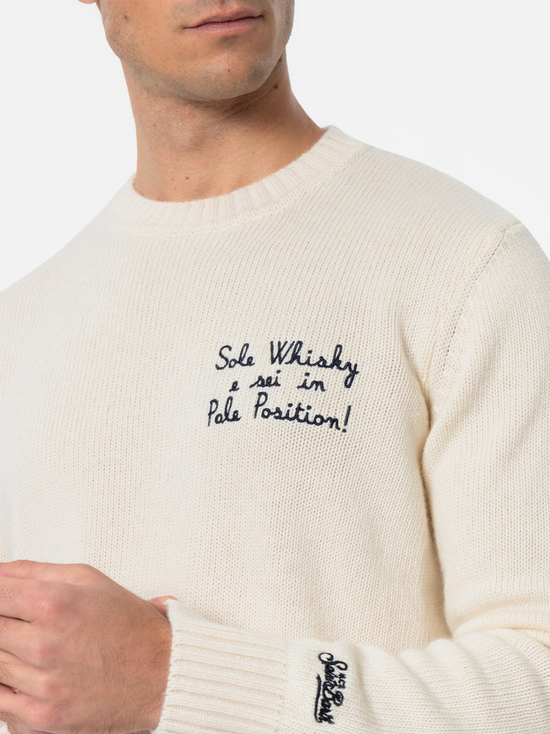 Mann weißer Pullover Bombardino mit Sole, Whiskey und sei in Pole Position! Stickerei | VACANZE DI NATALE SONDERAUSGABE