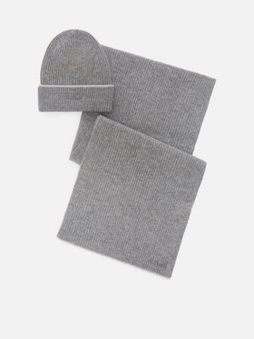 Graues Set aus Wollmütze und Schal 