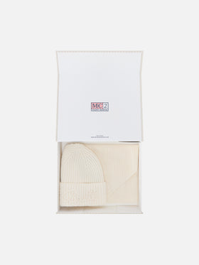 Conjunto de gorro de lana color off white y bufanda con capucha 