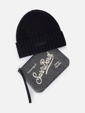 Ensemble Pochette à motif chevrons et bonnet noir 