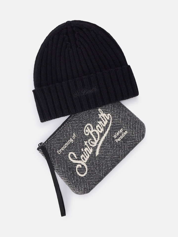 Ensemble Pochette à motif chevrons et bonnet noir 