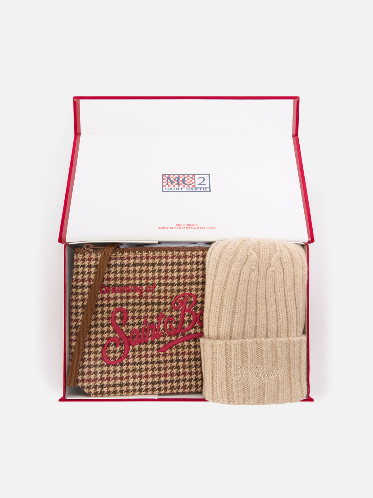Set pochette con motivo pied de poule e berretto beige